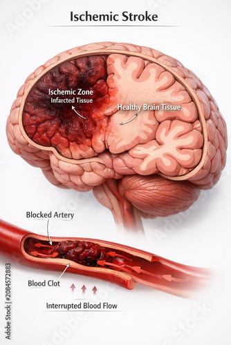 schemic stroke medical illustration with brain cross section showing infarcted zone, healthy tissue, blocked artery and blood clot.