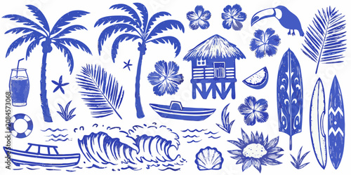 Foto tropical elements detailed illustration in blue color palm tree flower boat surf