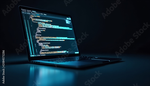 Laptop displaying programming code in a dark environment with blue highlights
