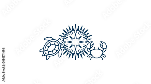 Sea Turtle, Crab, and Sea Urchin Icon Set - Minimalist Marine Life Illustration