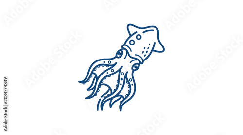 Minimalist blue line art of a squid swimming, isolated on white background