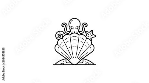 Cute Octopus in Seashell with Starfish and Nautilus Shell - Line Art Icon