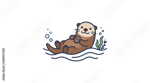 Cute Otter Floating on Back Holding Seashell, Cartoon Style, Ocean Wildlife