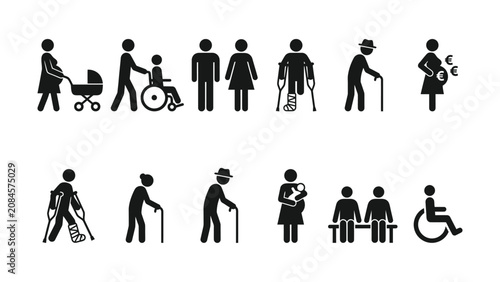 Black silhouettes of people with various disabilities and conditions  accessibility icons