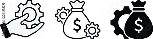 Set of business management and financial optimization line icons featuring hand with gear and dollar money bags vector illustration