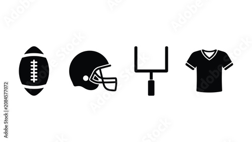 American football sports equipment icons including ball helmet goalpost and jersey