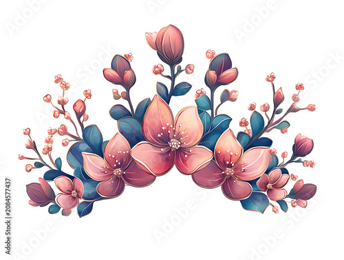 Decorative floral arrangement with blooming flowers and natural foliage