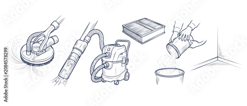 Photos Vacuum cleaner line art illustration showing industrial cleaning steps, dust emptying, filter replacement, and floor suction nozzle in a minimalist sketch style for house cleaning maintenance manuals
