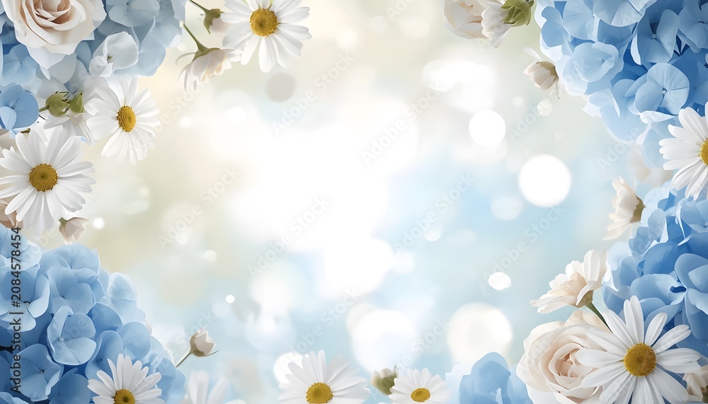 Obraz premium Floral frame with blue hydrangea and white daisies on soft bokeh background for celebration hydrangea background botanical blooming greeting