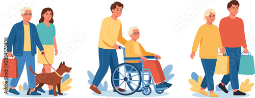 Set of diverse flat characters helping senior citizens including wheelchair support walking with grandfather and carrying bags isolated on white background vector