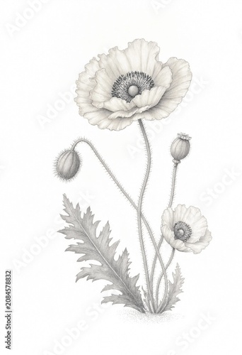 Detailed Pencil Sketch of Poppy Flowers and Bud