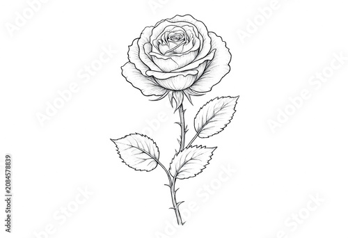 Detailed Line Drawing of a Rose with Stem and Leaves
