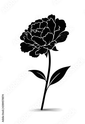 Black Silhouette of a Peony Flower with Stem and Leaves