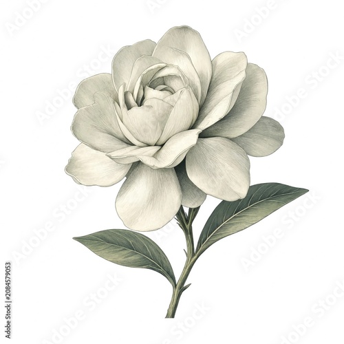 Elegant White Rose with Detailed Petals and Green Leaves