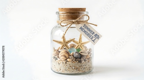 Summer Vacation Jar Filled with Starfish, Seashells on Beach Sand