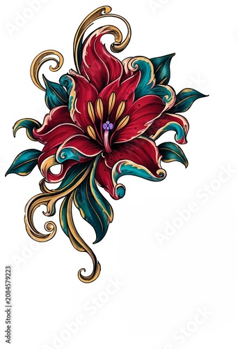 Vibrant Red Lily with Ornate Gold Swirls