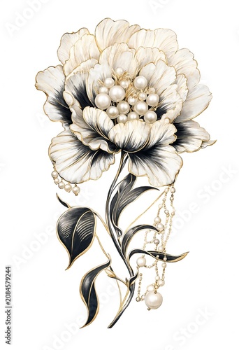 Elegant Black and White Floral Illustration with Pearls