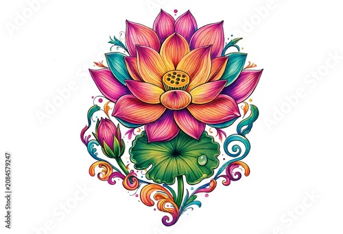 Vibrant Lotus Flower Illustration with Detailed Petals and Leaves