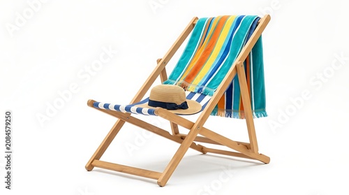 Vibrant summer beach chair with hat on colorful towel summer vacation