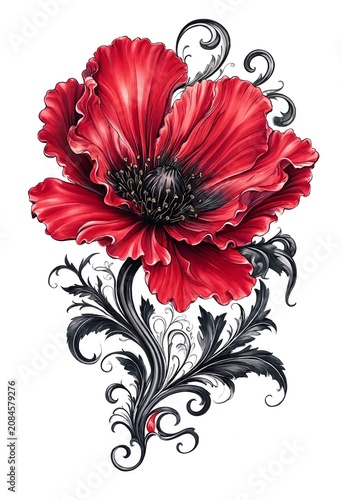 Red Poppy with Black Swirls