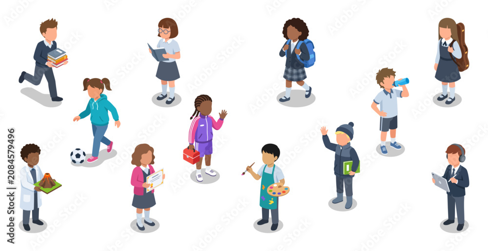 Fototapeta premium School children and diverse students walking studying or playing sports | Isometric primary education people character vector illustrations set