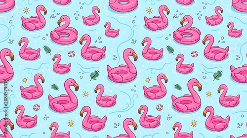 Vibrant pink flamingos and tropical flowers float on a serene summer pool surrounded by lush greenery and sunny ambiance.