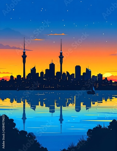 Skyline of city at dusk with water reflection.