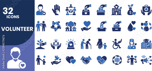 Tablou pe pânză Professional blue and navy blue volunteer solid icon set featuring charity, community service, donations, humanitarian aid, nonprofit organizations, compassion, and social responsibility symbols