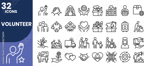 Fotografie Professional volunteer line icon set featuring charity, donations, community service, humanitarian aid, nonprofit support, social responsibility, compassion, and outreach outline symbols