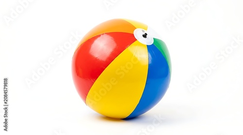 A vibrant beach ball on a summer day at the shore with accessories.
