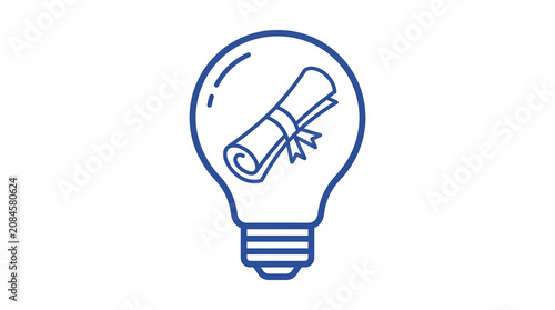 Minimalist monoline vector icon of graduation diploma scroll tied with ribbon inside light bulb outline