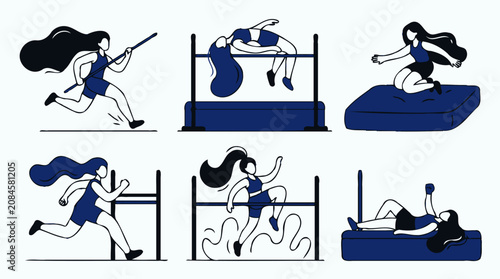 Female high jump athletes training in various poses flat pattern background