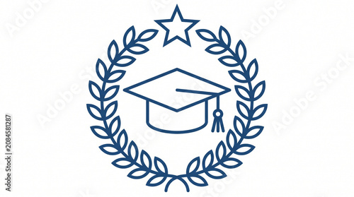 Minimalist monoline vector graduation cap inside laurel wreath icon on white background