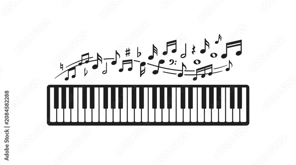 Fototapeta premium Piano Keyboard with Musical Notes Flowing Above.