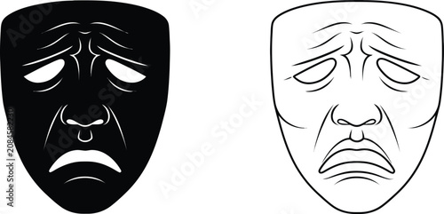 Fotografia Masks Set of Two in Black Fill and Outline Showing a Sad Expression, Flat Vector Illustration Concept Isolated on White