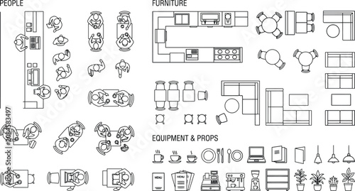 Fotografie Wall and partition CAD block set, with top view people entourage symbols, for ar