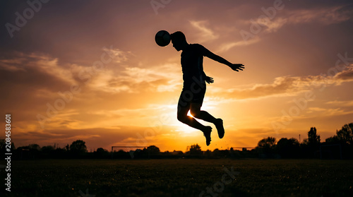 Dynamic Soccer Player Silhouette Heading Ball at Sunset. Sports Marketing, Fitness Training & Active Lifestyle Promotion.