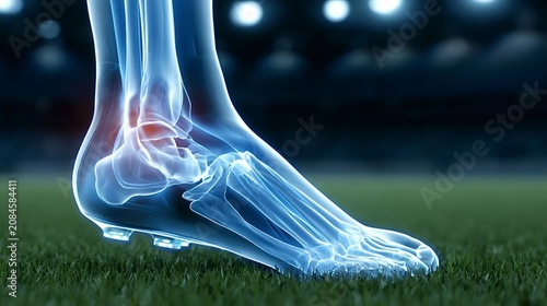 Human foot skeleton experiencing ankle pain and injury, glowing blue with a red inflamed joint, standing on green grass of a soccer stadium, representing sports medicine and athlete health