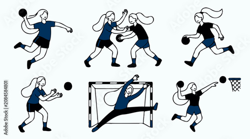 Female handball players action and goal keeper flat pattern 