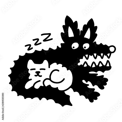 Fotografie Dark humor line art of a psycho beast guarding a cute cat