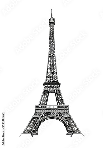 meticulously detailed vintage pen and ink drawing of the eiffel tower's geometric iron lattice framework, cross-hatching shading, isolated on a stark white background. concept of parisian history and