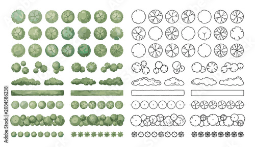 Architectural tree and shrub symbols set in top view plan