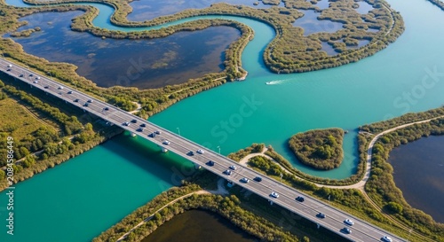Aerial view of a modern bridge carrying traffic over turquoise waters with lush green islands
