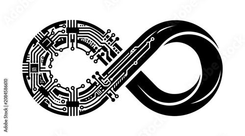 Digital infinity symbol, circuit board tech logo, black electronic loop vector