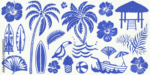 tropical elements in detailed illustration style palm tree flower surfboard boat umbrella hut leaf sketch blue white background pattern design vacation
