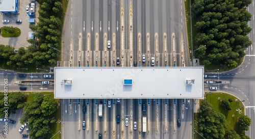 Aerial view of busy toll plaza congestion with vehicles queuing and moving through lanes on a highway
