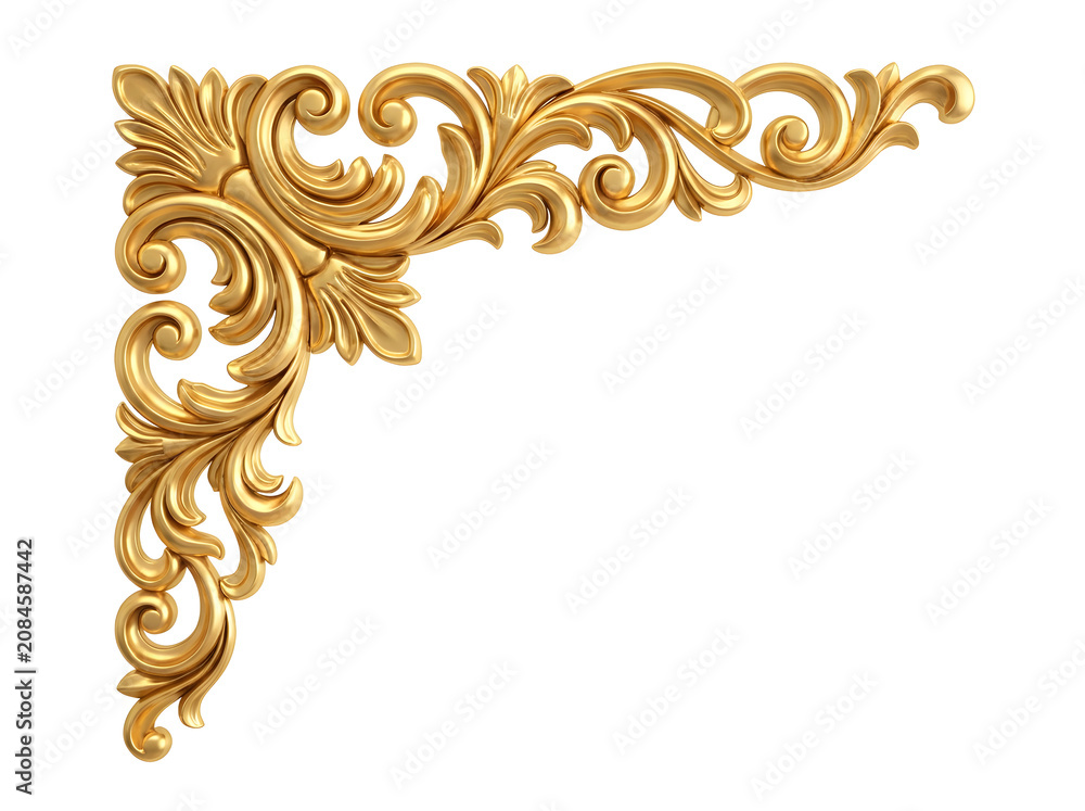 Naklejka premium Gold baroque corner ornament isolated on transparent background