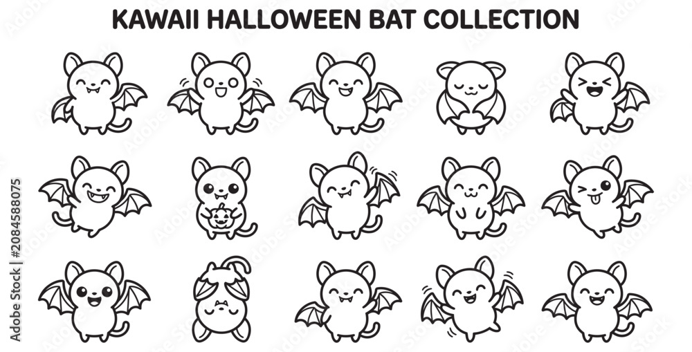 Fototapeta premium A charming collection of cute kawaii Halloween bats with various adorable expressions on transparent background
