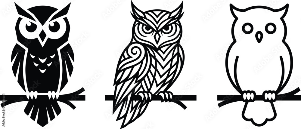 Fototapeta premium Stylized Owl Silhouette Icon Set with Tribal Geometric and Minimalist Line Art Designs Perched on Branches for Logo and Tattoo Graphics