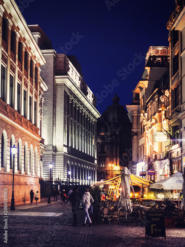 Bucharest old town lipscani street at night with people walking